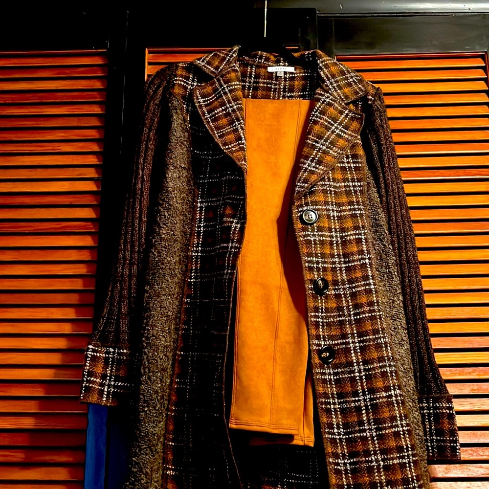 Brown plaid sweater jacket (small) size 8 with suede spanx ( size medium)